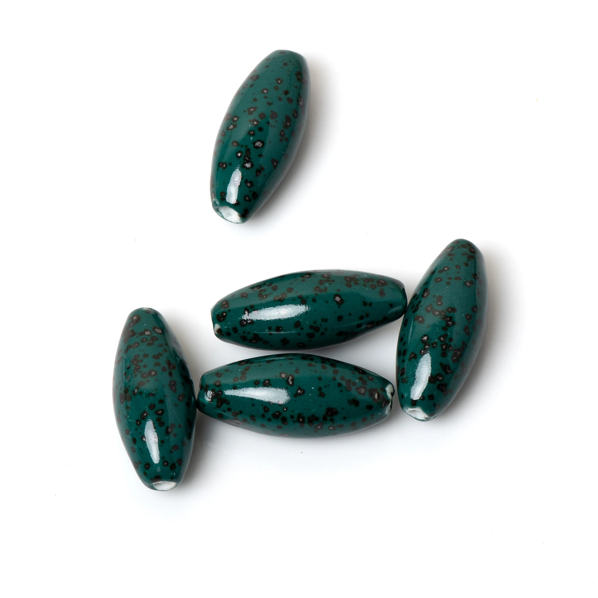 Dark Green Ceramic Beads Bullet Shape with Speckled Design for DIY Jewelry Necklace Craft 37x16mm 2pcs