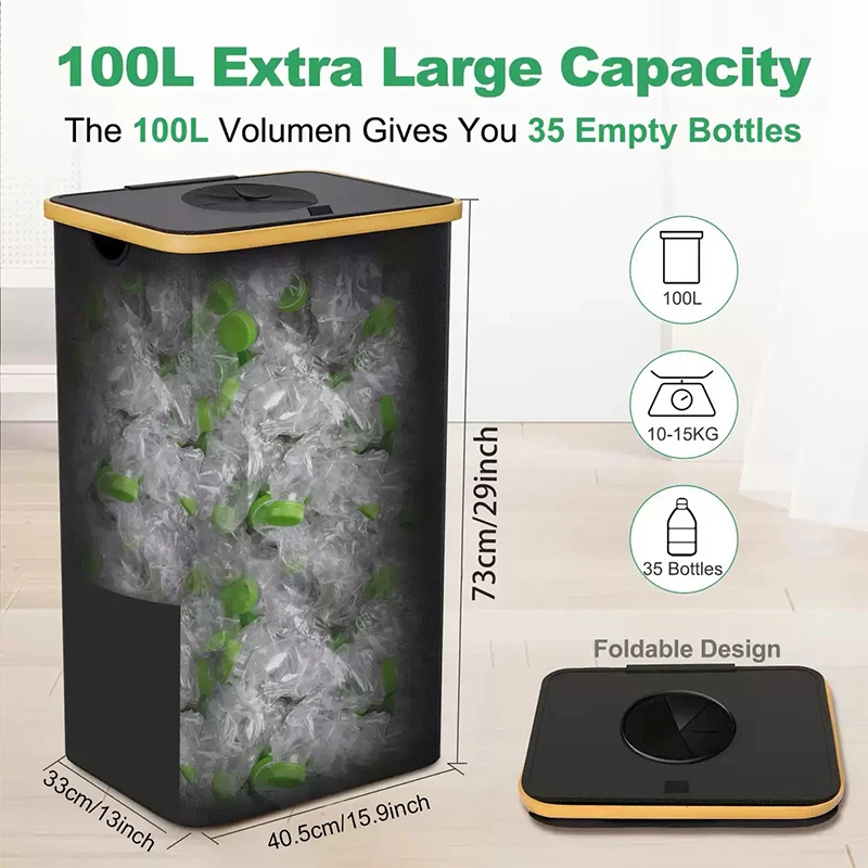 LMETJMA 100L Recycling Bin Large Capacity Kitchen Recycling Bin with Bamboo Lid Foldable Recycle Bin with Reusable Inner Bags