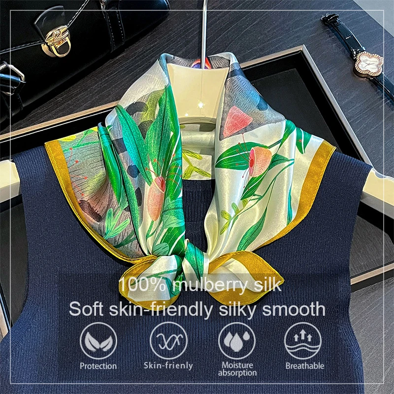 

New 2026 Pashmina 100% Silk Scarf Fashion Women Summer Beach Elegant Small Scarves Shawl Poncho 53*53Cm Hijab Bandana Kerchief