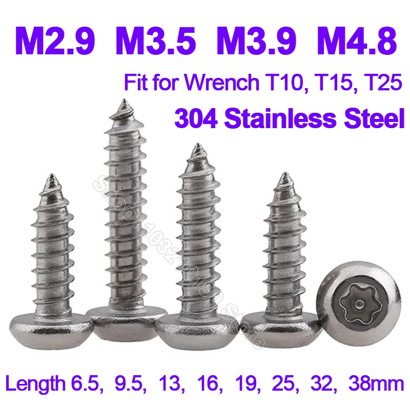 

M2.9 M3.5 M3.9 M4.8 Stainless Steel Pin Six Lobe Torx Round Pan Head Tamper Proof Security Self Tapping Wood Screw L 6.5-38mm