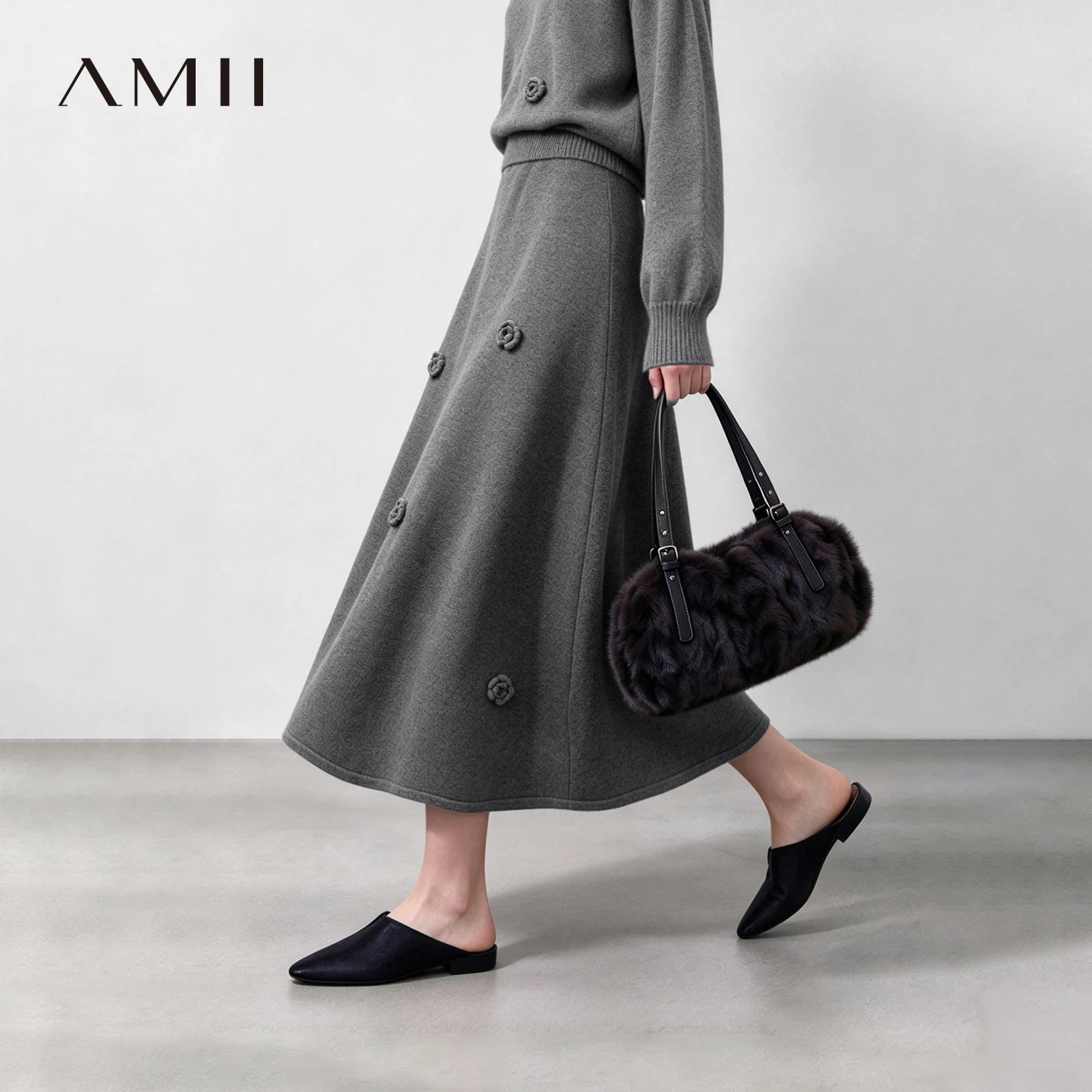 Amii Long Skirt 2026 Winter New Elegant Romantic 3D Crochet Knit Women's Skirt Cozy Wool Blend A-Line Woman Clothes 12644073