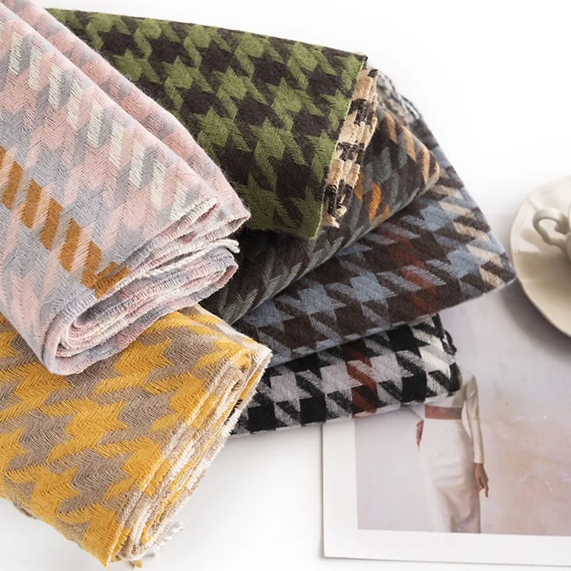 2025 Winter New Imitation Cashmere Fashion Contrasting Colors Thousand Bird Grid Fringed Scarf Warm Versatile Large Shawl Gifts