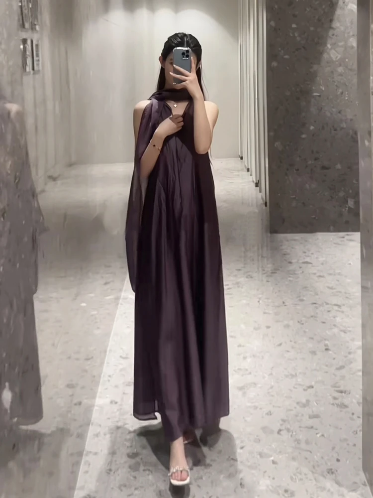 فستان صيفي طويل جديد بتصميم كوري فاخر مع ياقة وشاح، ضيق ومريح، تنورة ميدي بخصر مرتفع للنساء