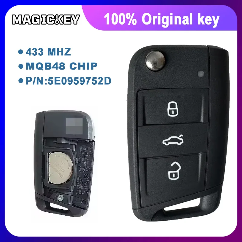 

100% Оригинальный выкидной ключ-пульт для Skoda Rapid Octavia MK3 2013+ P/N: 5E0 959 752 D 5E0959752D 434 МГц MQB 48 чипов, 3 кнопки