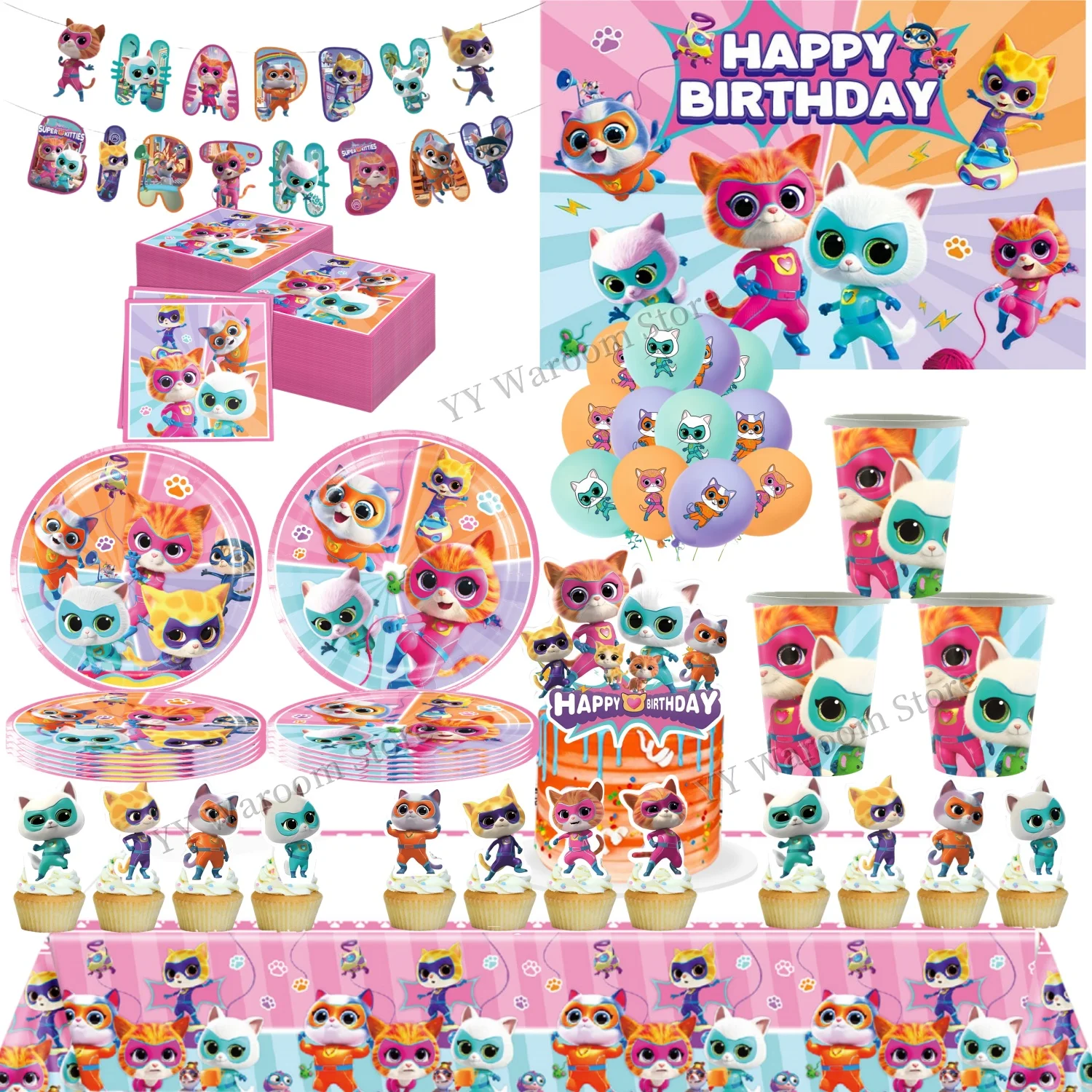 

Superkitties Birthday Party Decoration Cat Disposable Tableware Tablecloth Plate Cup napkins Baby Shower kids Party Favors gift