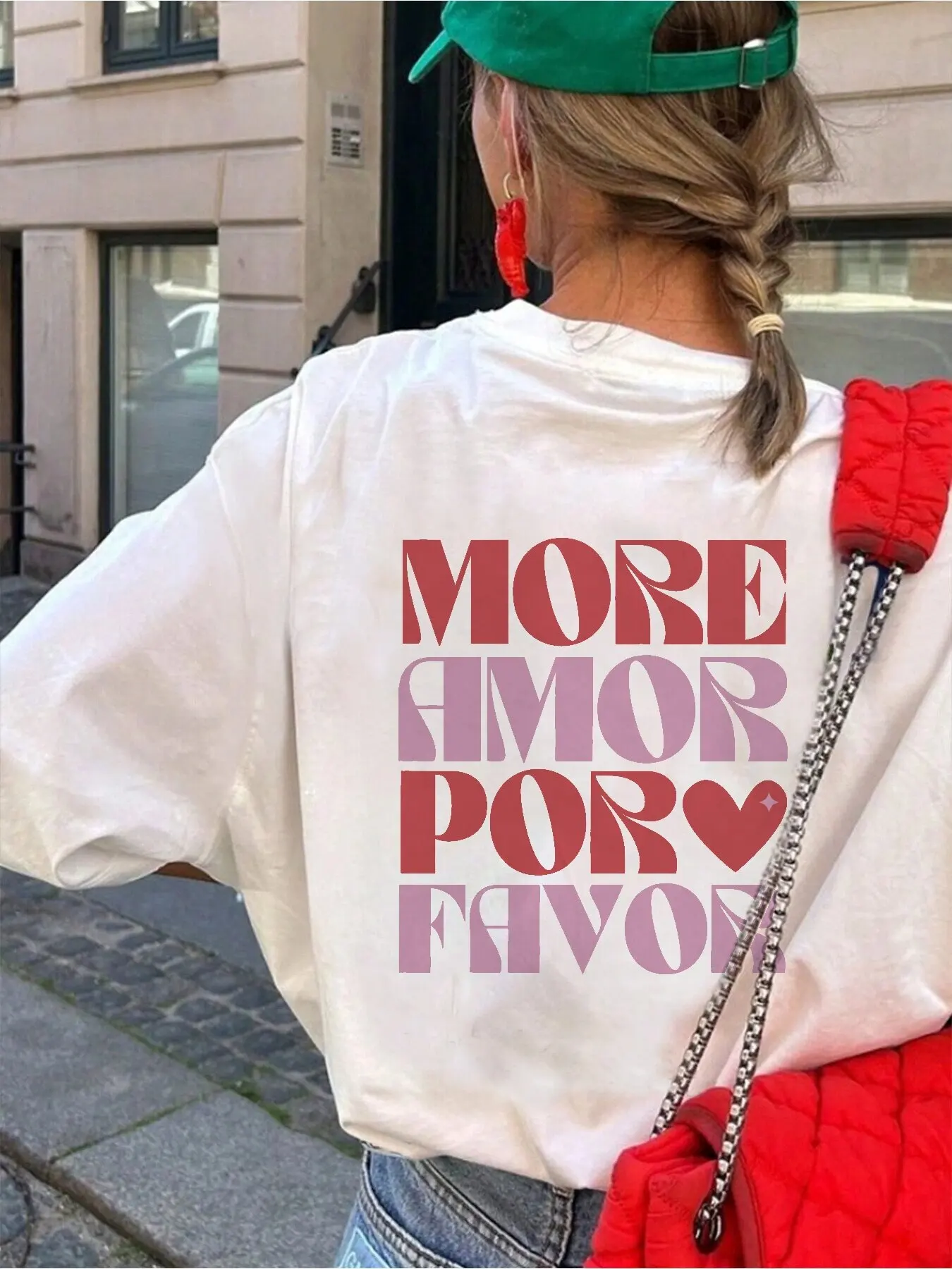 MOREPOR Женская повседневная футболка с коротким рукавом — черная с розовым принтом «MORE AMOR POR FAVOR» с буквенным принтом и сердечком