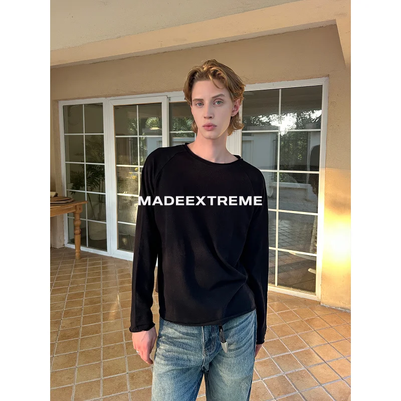 

[EME] 25 Осень-зима Расслабленная текстура Удобная для кожи универсальная свободная повседневная футболка с длинным рукавом с ленивым вырезом лодочкой для мужчин и