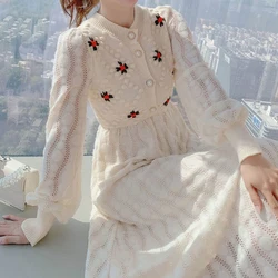 Korean Warm Embroidery Long Dress Women Autumn Winter Long Sleeve Button Knitted Dresses Woman 2023 Temperament Sweater Dress