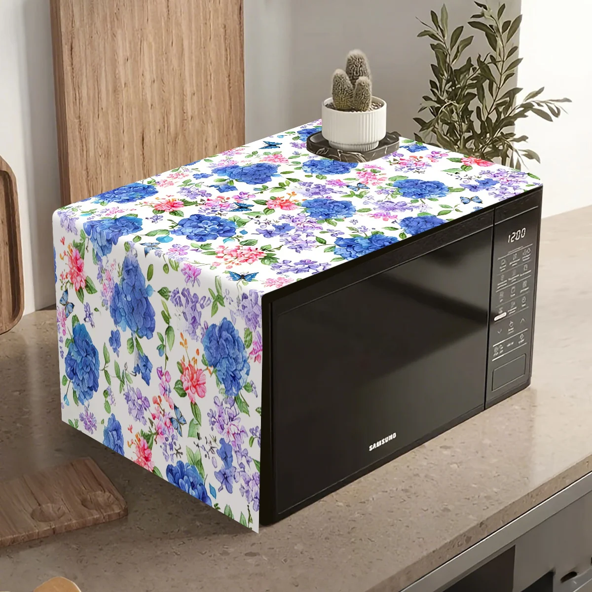 Waterclor Blue Hydrangea Microwave Dust Cover 35x85cm Floral Butterfly Design Polyester Dustproof Oilproof Oven Protector
