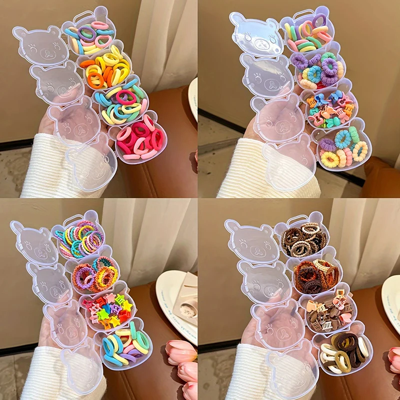 Transparent Plastic Storage Box Set of 4 Bear Design Multi-grid Jewelry Earring Rubber Band Hairpin Organizer
