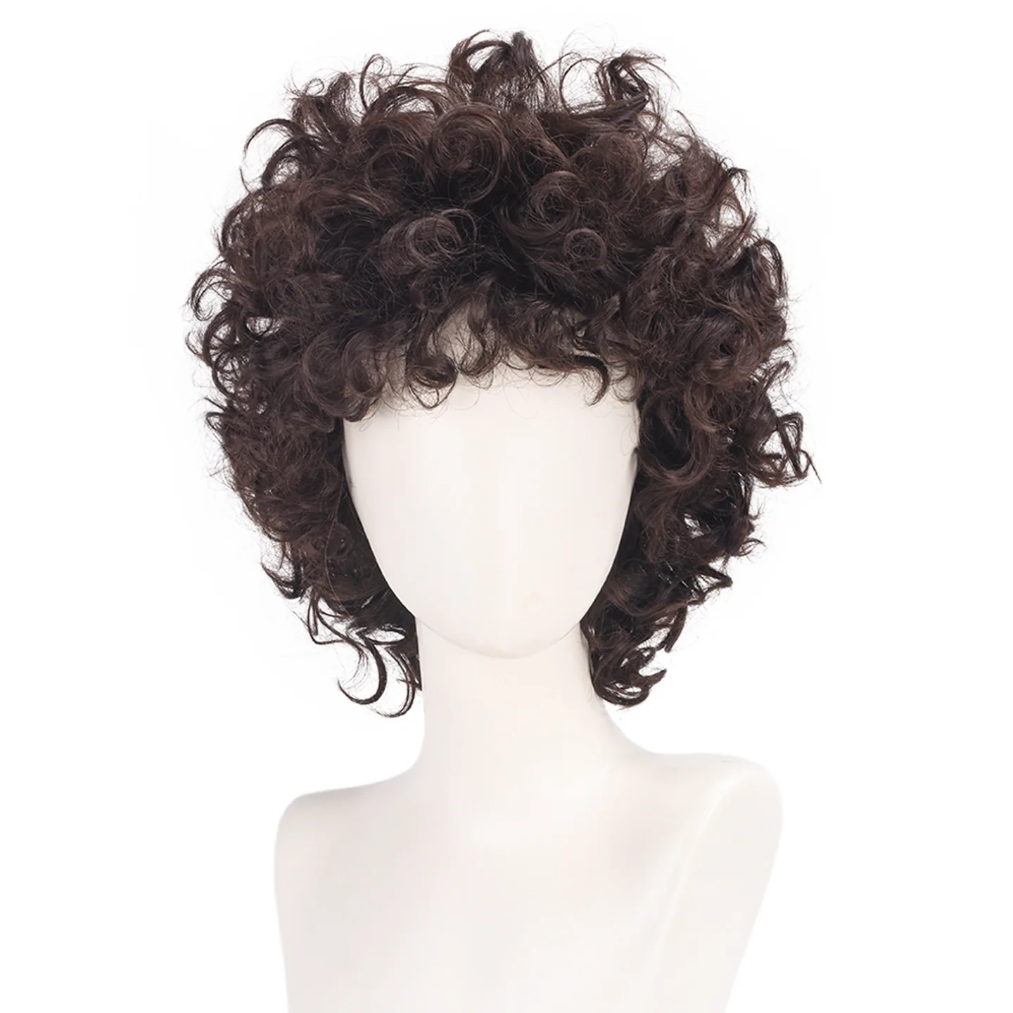 Deep Brown Fluffy Short Curly Synthetic Wig, Cosplay Unisex Kawaii Style, Volume Perm Look, Anime Costume, Daily Party Hair