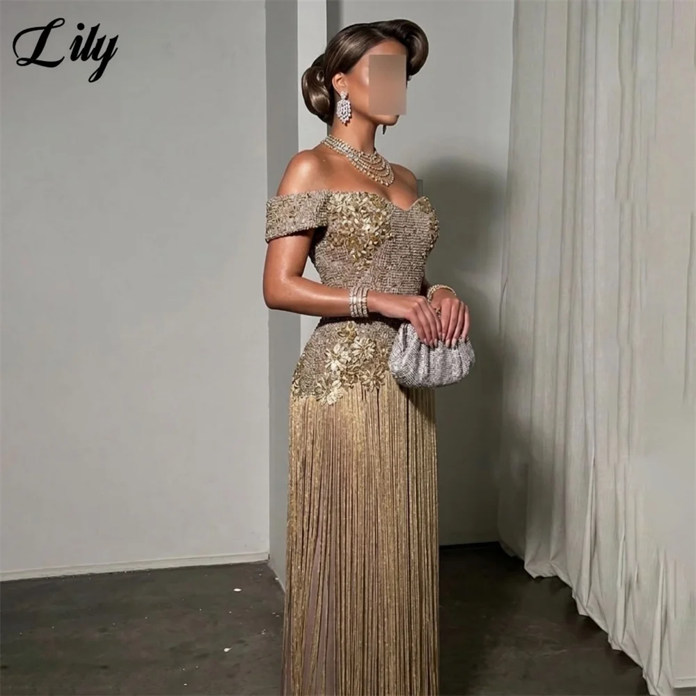 Lily Champagne Gold Party Dress Rhinestone Corset Gold Fringe Evening Dress Off Shoulder Formal Gown  Prom Gown Customized