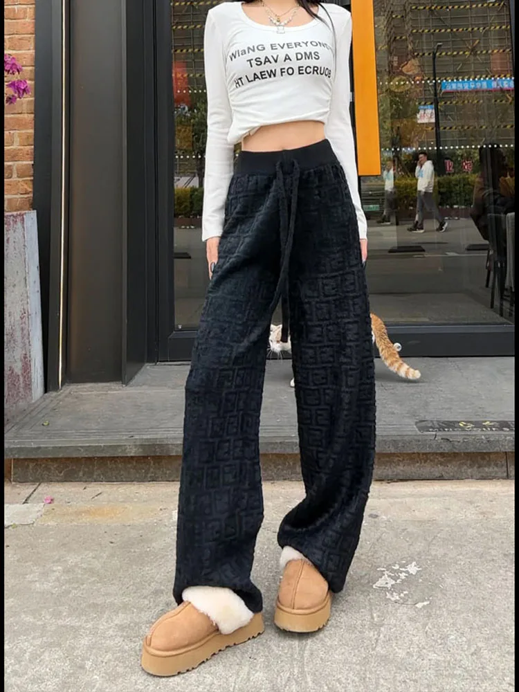 

Утепленные шерстяные брюки женские, с высокой эластичностью, широкими штанинами, утягивающие, пушистые, повседневные, прямые, из смесового хлопка, с завышенной талией