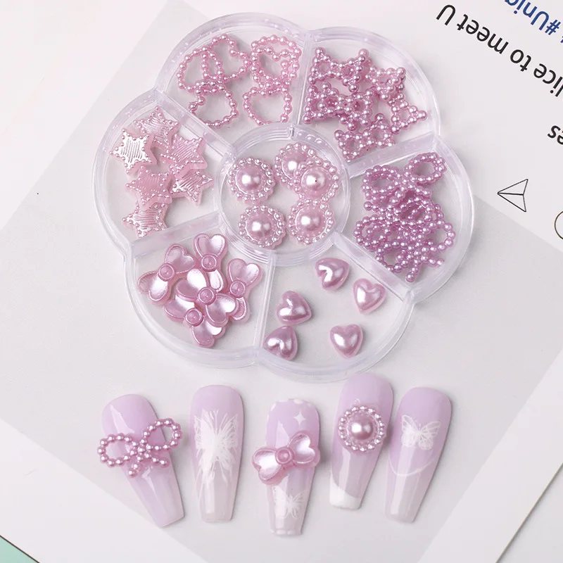 Ins Trendy Boxed Branco Rosa Pérola Oco Bow Nó Coração Five Point Star Resina DIY Nail Art Decor Acessórios New Year Supplies