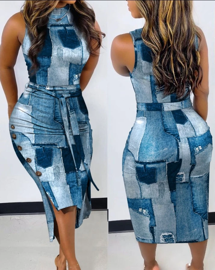 

Denim Style Patch with Distressed Design, Printed Sleeveless Lace Up Waist Tight Fitting Casual Women's New Summer Dress