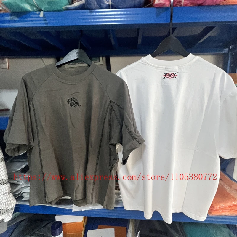 American Retro Raglan Sleeve Crew Neck Mertre T-shirt Chest Embroidery Khaki Loose Men's Women's Oversize Top Tee
