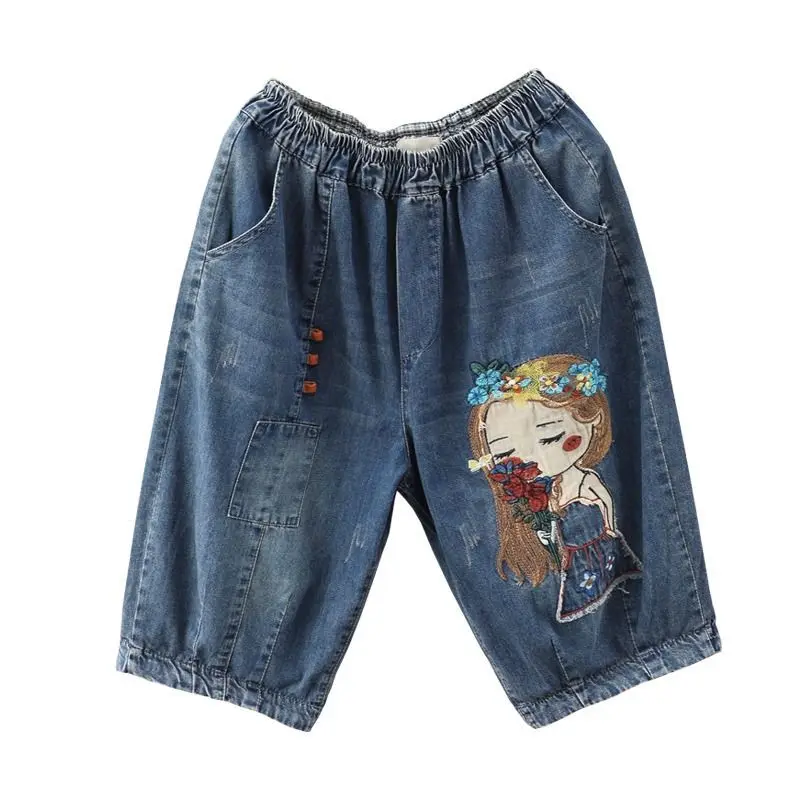 Vintage Girl Embroidered Denim Capris 2024 Ethnic Style Women High Waist Knee Length Jeans Woman Harem Short Pants