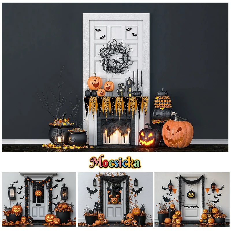 

Mocsicka Photography Background Halloween Pumpkin Fireplace Trick or Treat Bat Kids Birthday Party Decor Backdrop Photo Studio