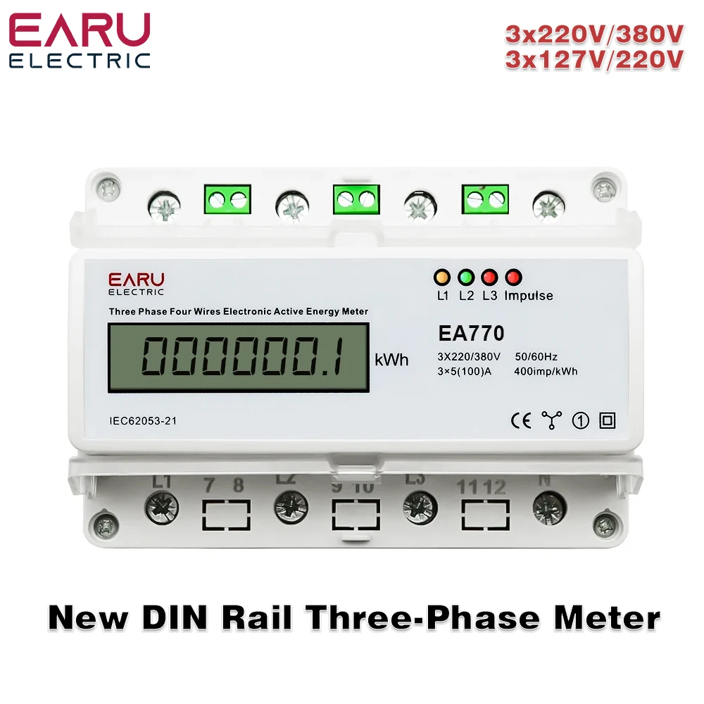 

Three Phase Four Wires Eelectronic Active Energy Meter kWh Power Consumption Monitor DIN Rail 50/60Hz 3*5(100)A 3*220V/380V