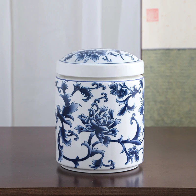 Blue and White Porcelain Jewelry Jar Cylindrical Ceramic Tea Coffee Bean Sealed Jar Mask Medicine Powder Bottle Home Container