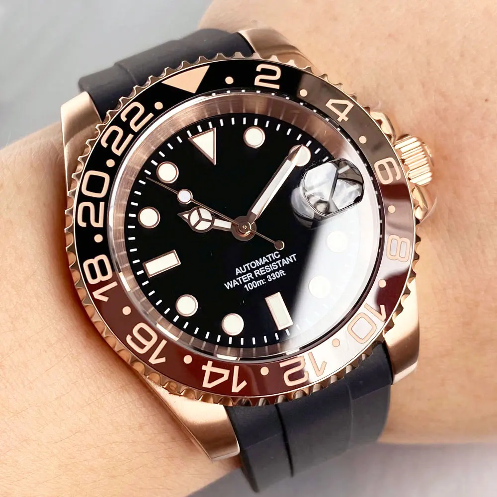 Jam Tangan Pria Mekanis Kustom NH35A Gerakan Otomatis Kaca Safir Sisipan Ceremic Tali Karet Gesper Baja Rose Gold