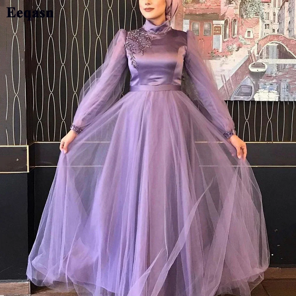 

Eeqasn Light Purple Long Sleeves Saudi Arabia Prom Dresses High Neck Appliques Evening Gowns A Line Women Wedding Party Gown