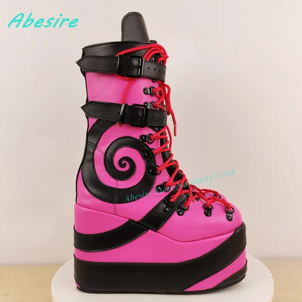 Green and Black Swirl Platform Ankle Boots Wedge Lace‑Up Multi‑Buckle Women's Boots Punk Goth Music Festival Street-Style Shoes