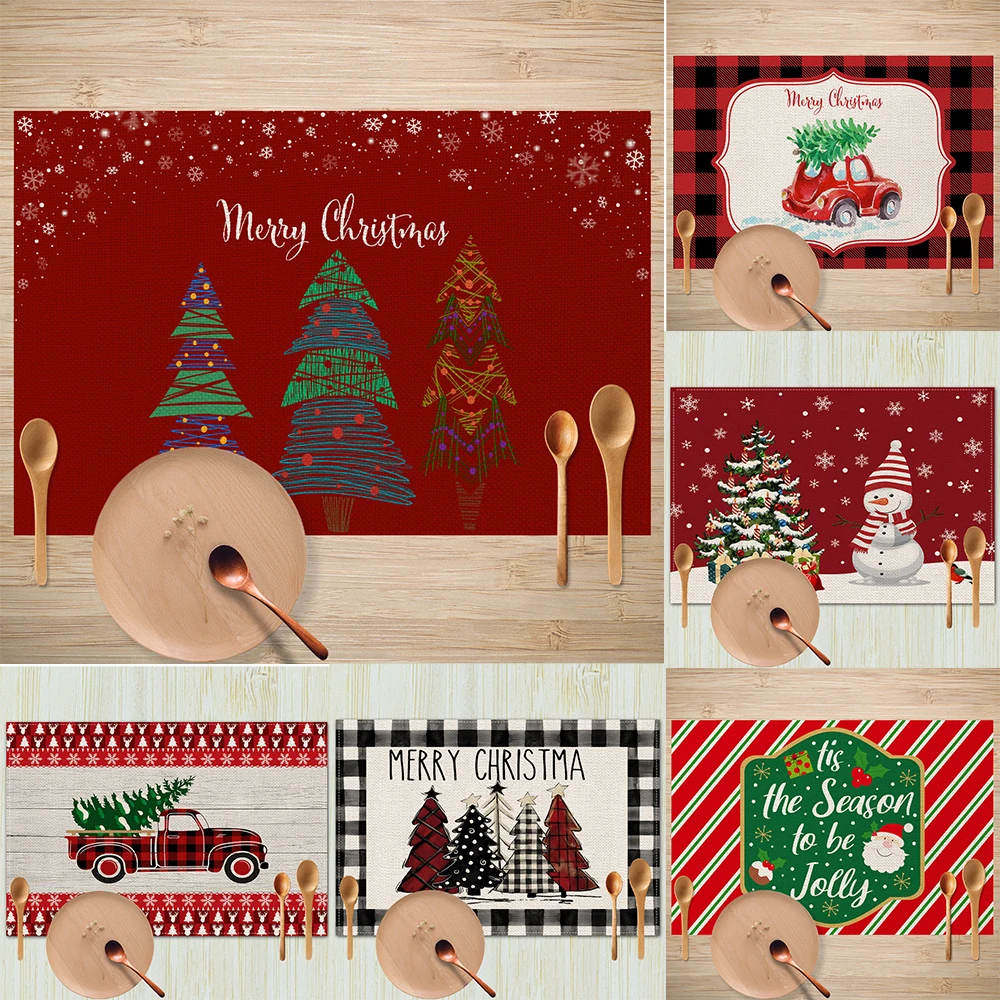 

Рождественские тематические салфетки для стола с праздничными узорами, такие как рождественские елки, Санта-Клаус, прочный декор стола для рождественской ужина