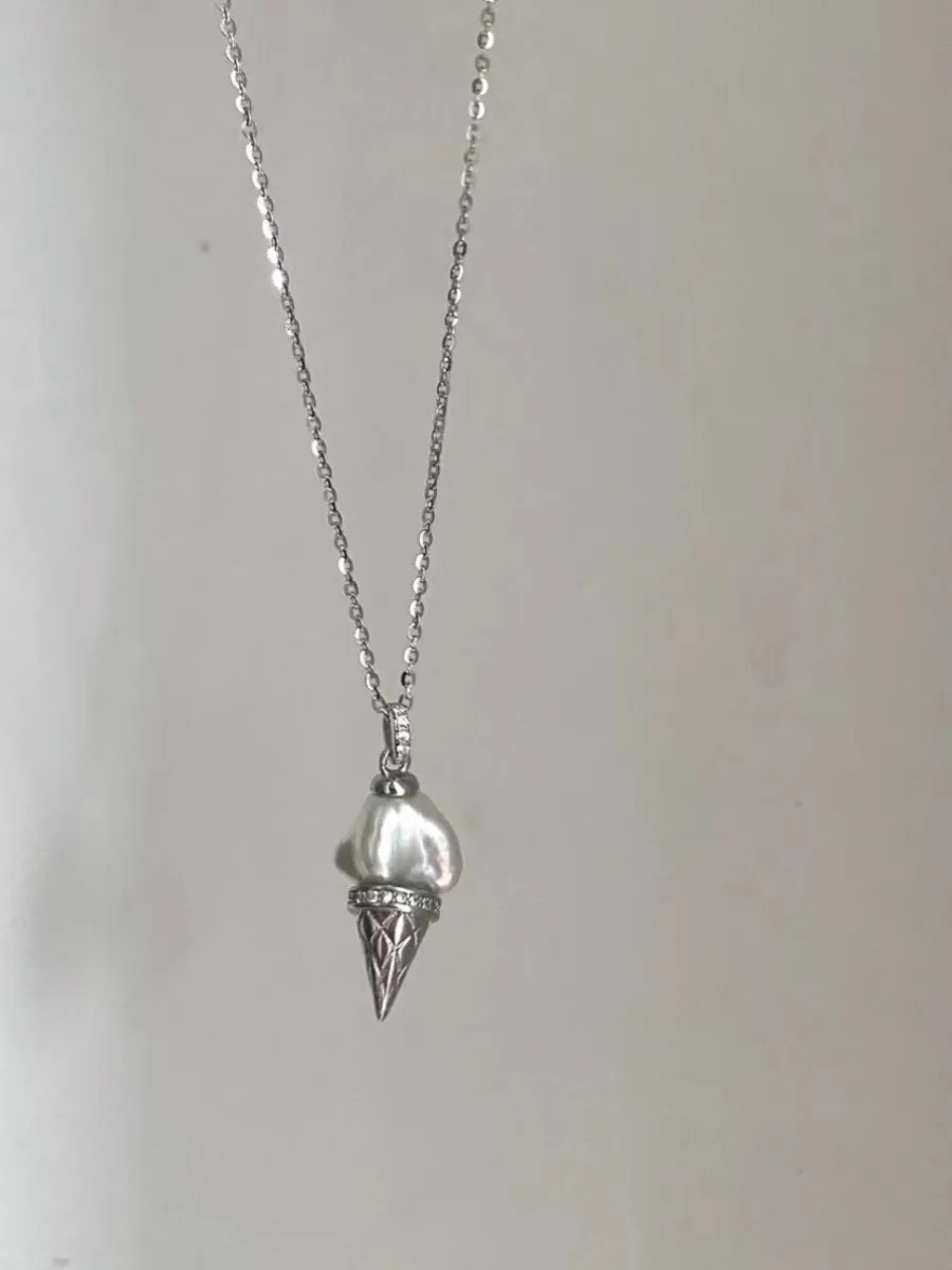 Ice Cream Imitation Pearl Cone Pendant Necklace with A Female Niche Design Light Luxury Exquisite Versatile Temperament Necklace