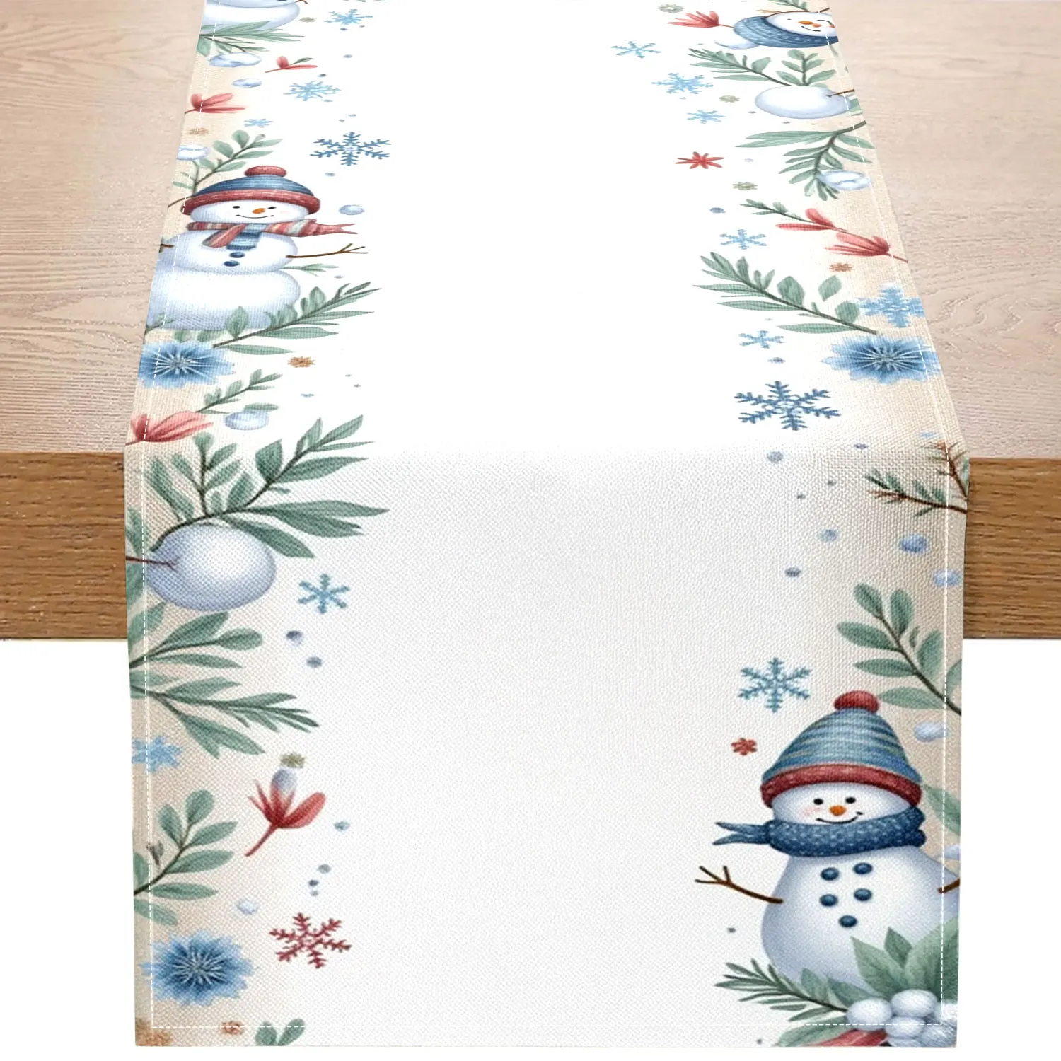 1 Piece Winter-Themed Table Runner, Featuring Tree Branches, Snowmen, Snowflakes, and Blue Vase Patterns, Suitable for Winter Parties and Home Decoration