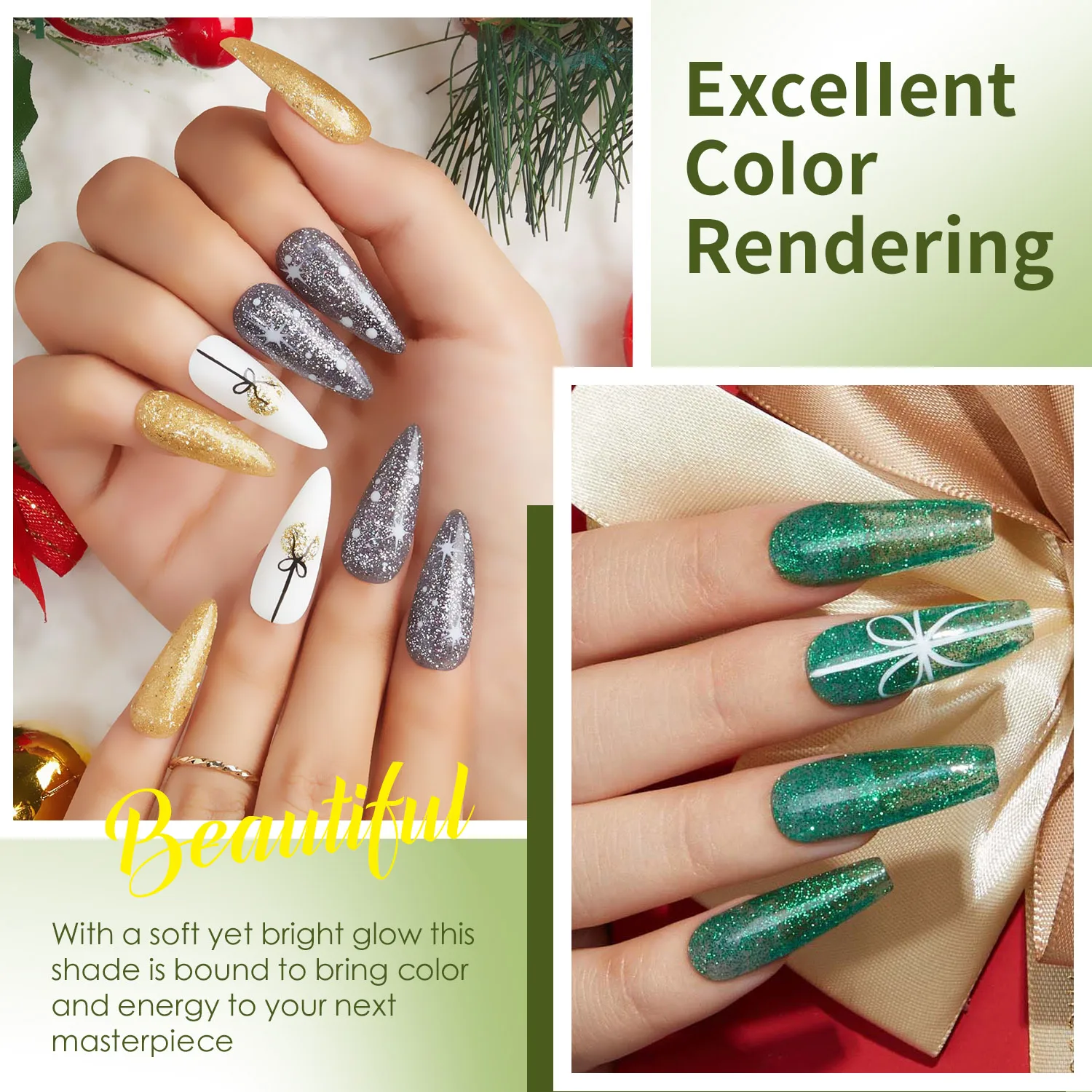 6‑Color Christmas Green Gold Silver Glitter Acrylic Nail Powder Set, Professional Nail Art Materials, Sparkling Holographic Chunky Glitter Nail Art Tones, 10g/0.35oz, No Curing Light, DIY Nail Extension, Halloween Christmas Holiday Manicure Gift for Women