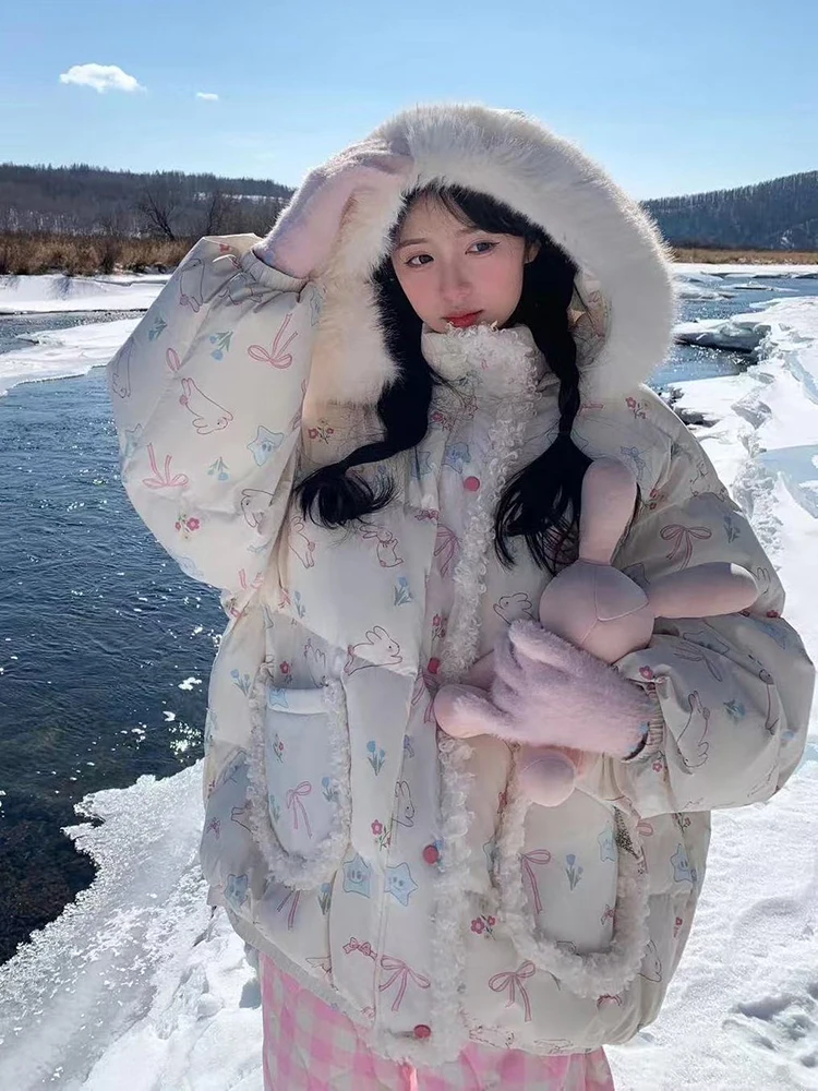 

Sweet Preppy Hooded Parkas Women Winter Thick Warm Cartoon Print Kawaii Puffy Coats Fur Collar Patchwork Loose Casual Chic Tops
