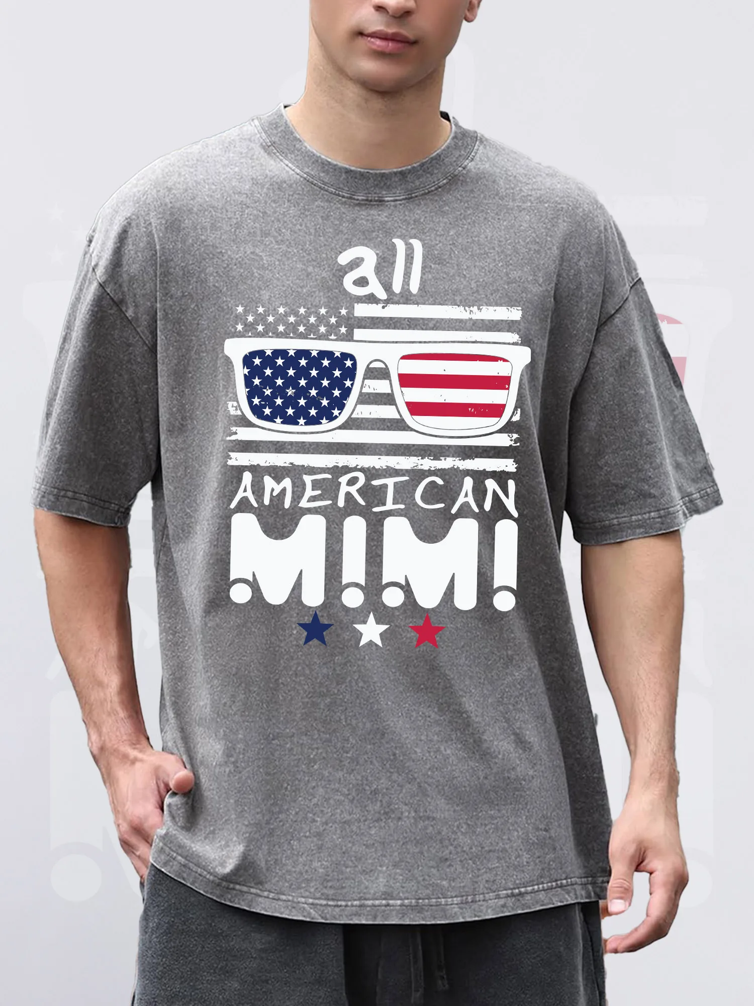 

Men's T-ShirtsMIMI Printed Grey Short-Sleeved Round Neck Loose Summer 100% Pure Cotton Acid Wash Suitable For Thanksgiving