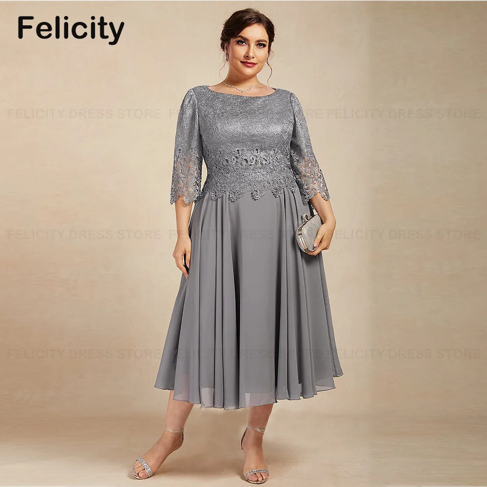 

Elegant Plus Size Mother of the Bride Dresses 2023 A-line Scoop Tea-Length Chiffon Wedding Party Dresses Robes Invitée Mariage