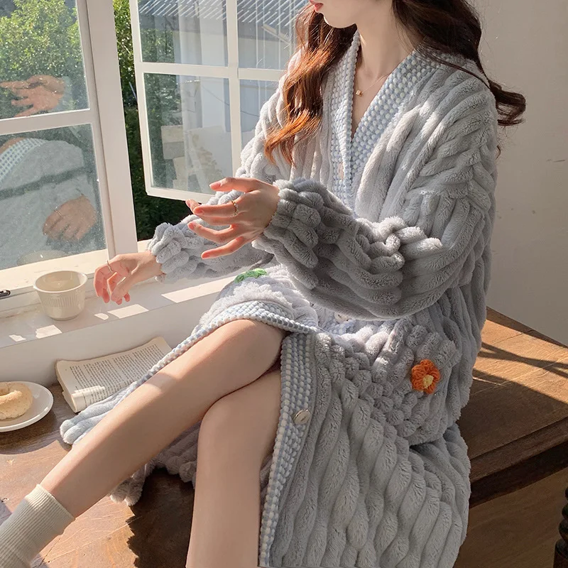 Winter Flannel Bathrobe Women Coral Fleece Warm Thicken Robes Sweet Home Clothes Nightwear Pajamas Lady Robe Autumn Shower Robes