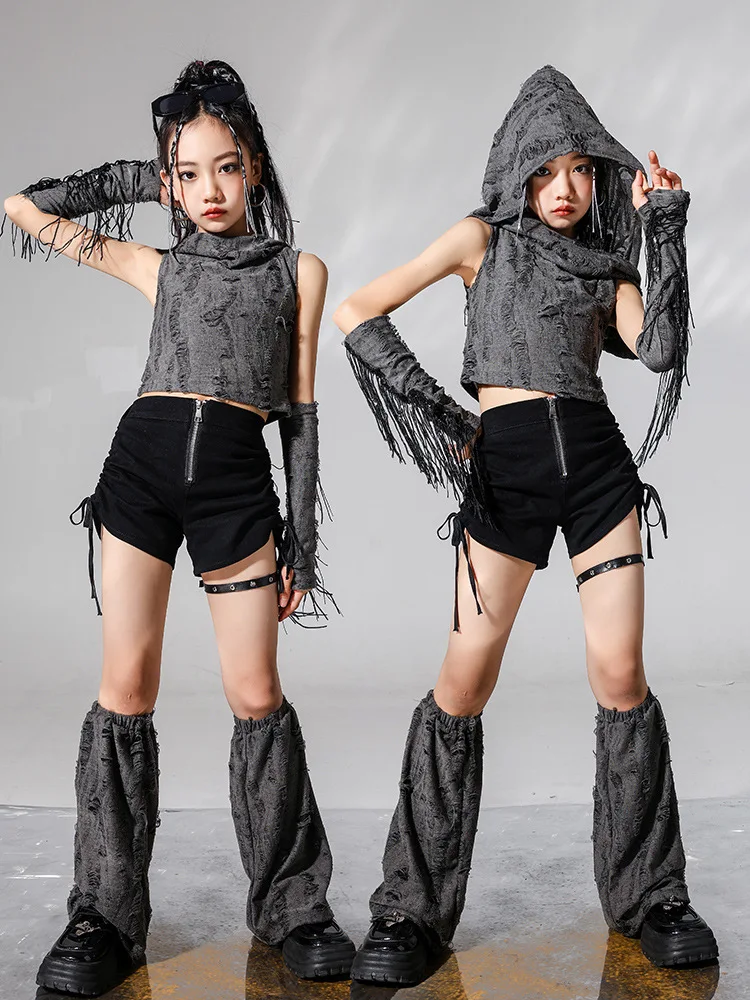 

Children Hip Hop Dance Costumes For Girls Hoodie Tops Black Shorts Outfits Jazz Modern Dance Performance Stage Clothes DQS18508
