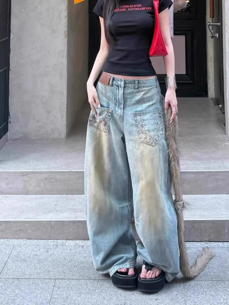 2025 Amerikaanse Retro Y2K Stijl Vuile Gewassen Blauw Baggy Dames Jeans Broek Rechte Vrouw Kleding Denim Broek Pantalon Femme