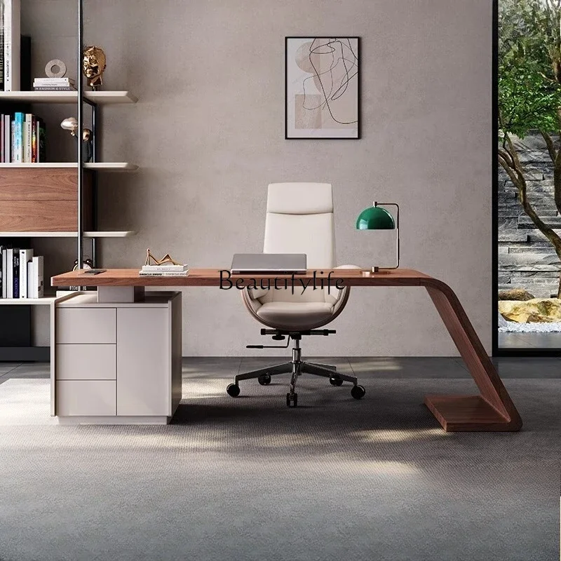 LJYWalnut solid wood Internet celebrity desk Italian minimalist with auxiliary cabinet computer desk retro style