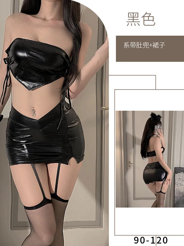 Chica caliente de cuero chica caliente correa tentador delgado cadera envoltura tanque Mini vestido Sexy elegante moda dulce mujer negro delgado 6RHW