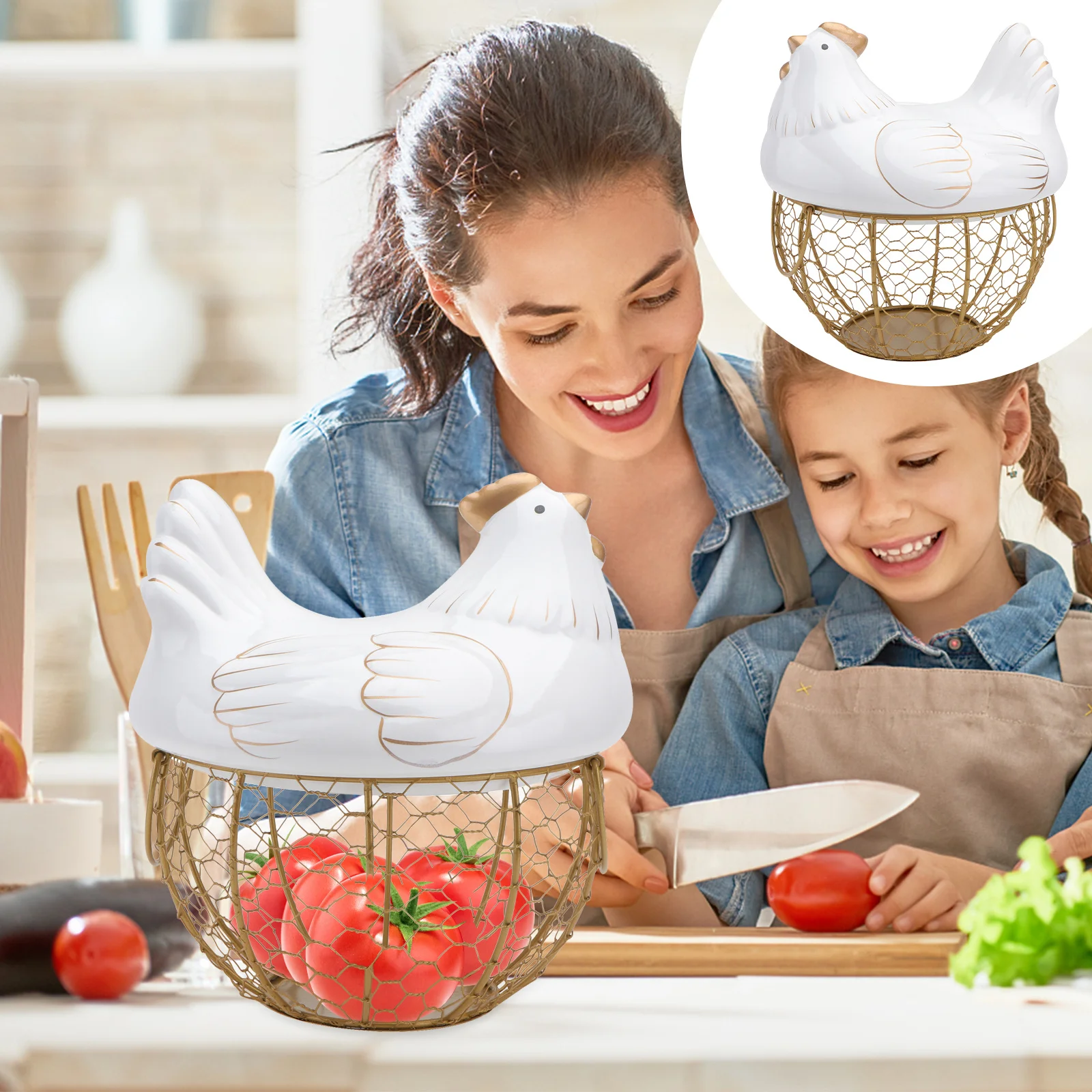 

Iron Art Storage Basket Large Capacity Fruit Vegetable Organizer Container Ceramic Lid Desktop Storage for Kitchen