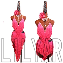 New professional Latin Dance Performance Competition Dress Adult Women Sparkling Pink Tassel Backless Dance Dress