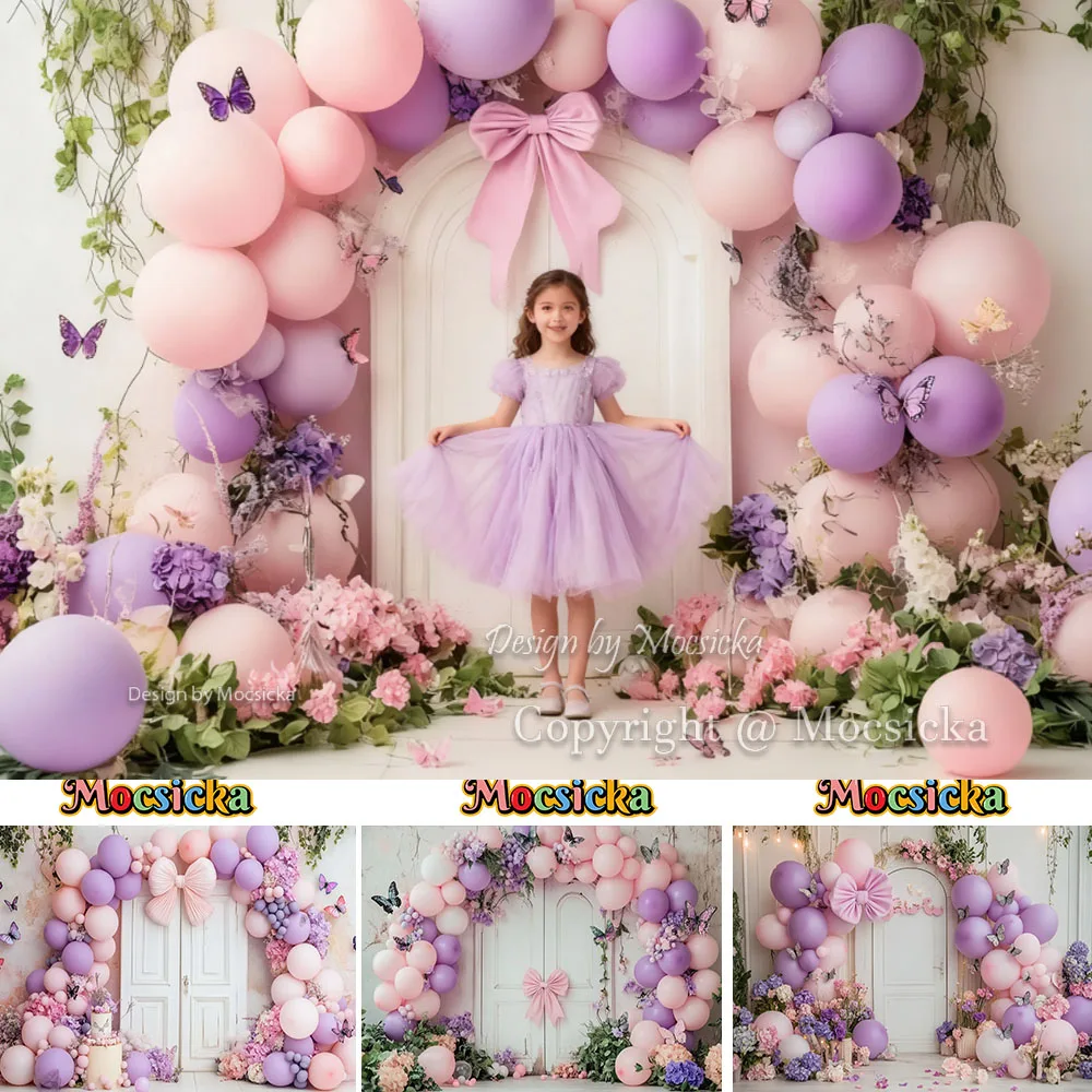 Mocsicka Pink Purple Fairy Door Photography Backdrop Balloon Butterfly Flower Bow Background Girls Birthday Princess Portrait