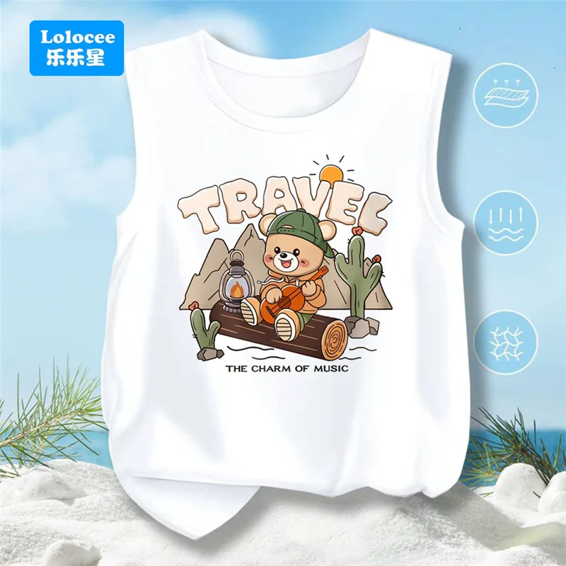 Little Kids Cute Music Bear Tank Top Boy' Summer Underwear Children Cotton Vest Breathable Sports Tees Sleeveless T-Shirt XJT1