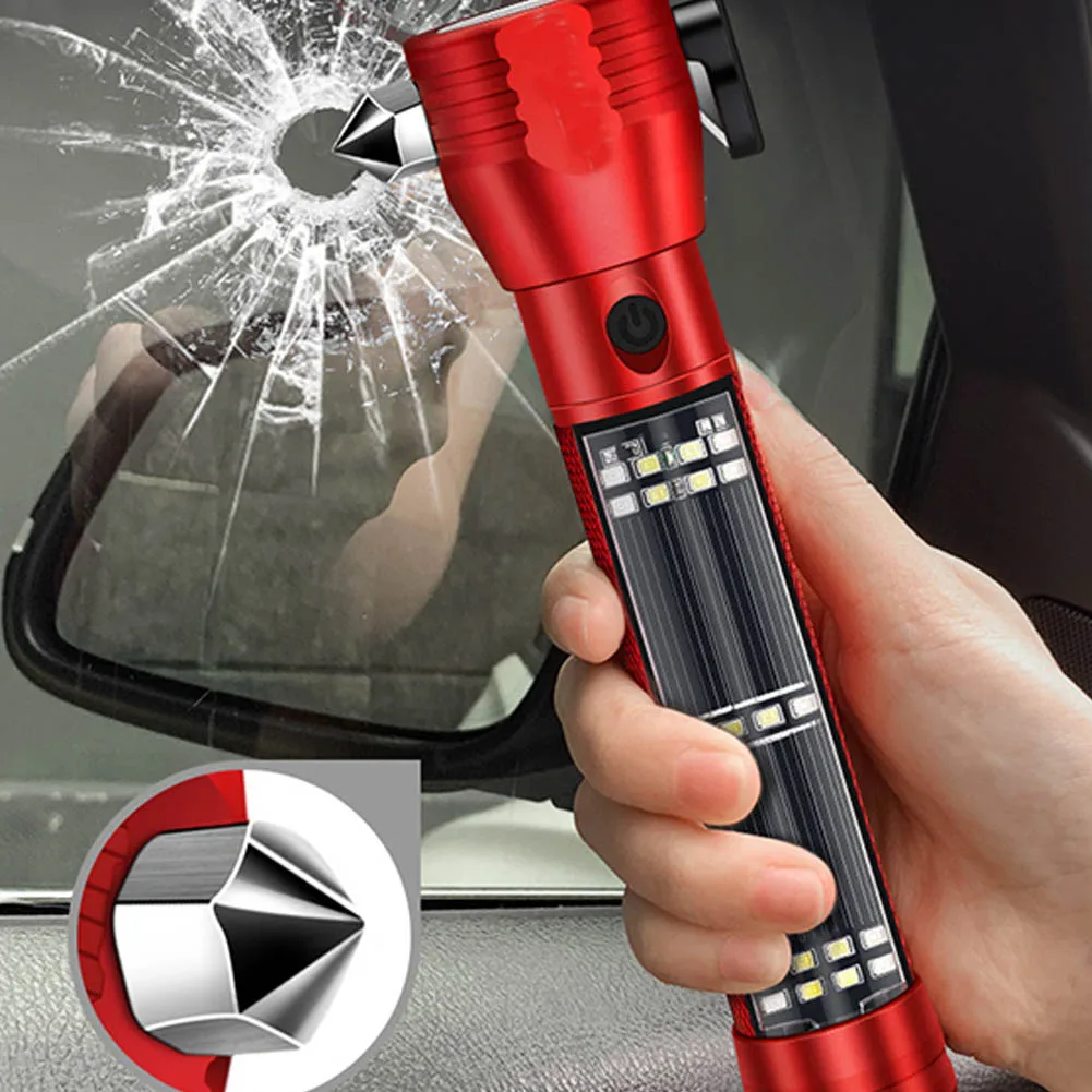 

3W Solar Power LED Flashlight 9in1 Multi-functional Safety Hammer Torch Light Power Bank Magnet Survival Tool Emergency Light