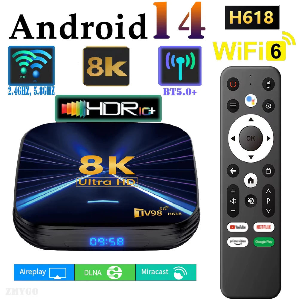 Smart wifi6 TV Box Android 14 4K H618 Receiver Convert TV to Portable Smart Home WiFi6 BT5 2025 8K All Streaming Media Device