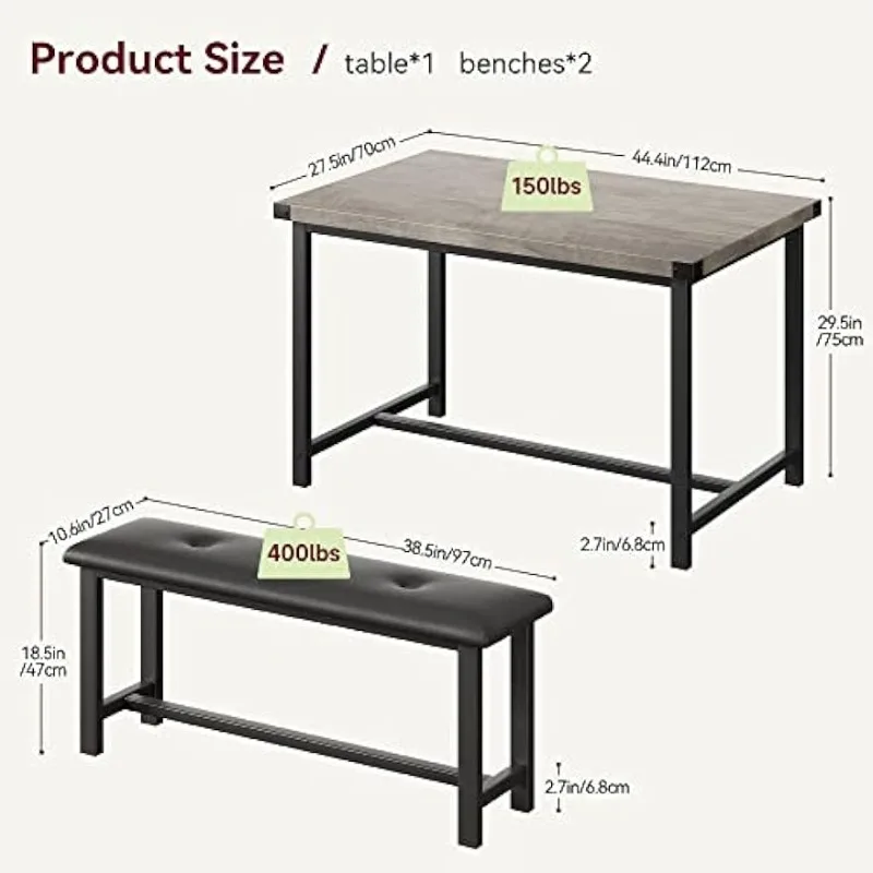 Dining Table Set for 4, Rectangular Dining Room Table Set with 2 Upholstered Benches, 3 Piece Kitchen Table Set for Small Space