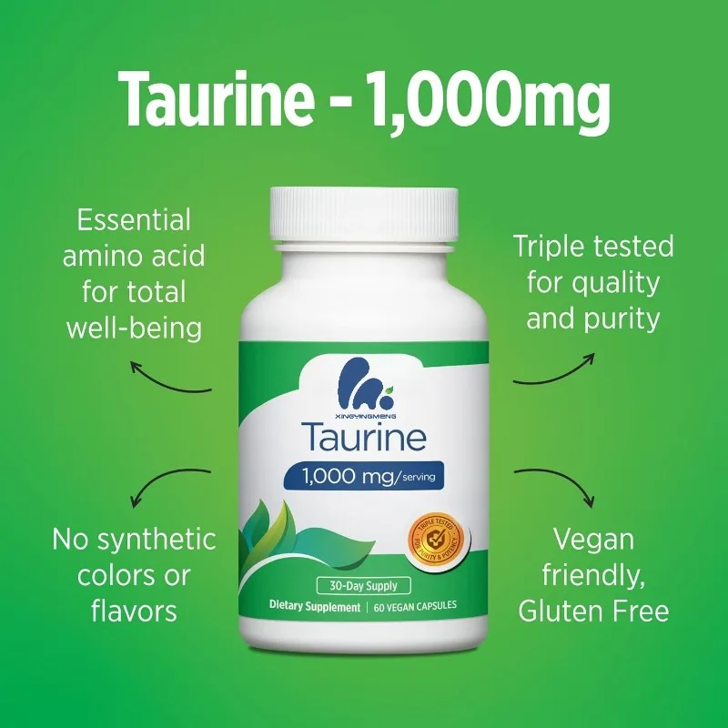 Suplemento de taurina -1000 mg/porción | 60 cápsulas de cápsulas veganas para el apoyo a la salud diaria.