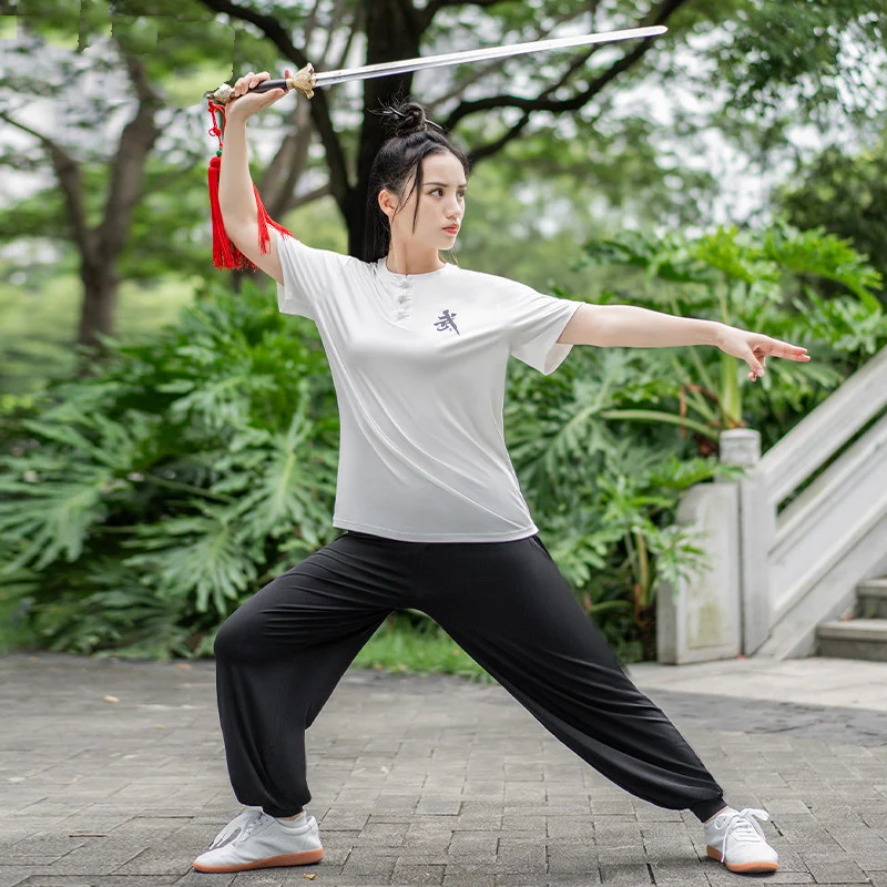 Women's New Summer Embroidered Chinese Style Casual Tai Chi Suit 3/4 Sleeve Starlight Linen for Qigong Martial Arts Practice