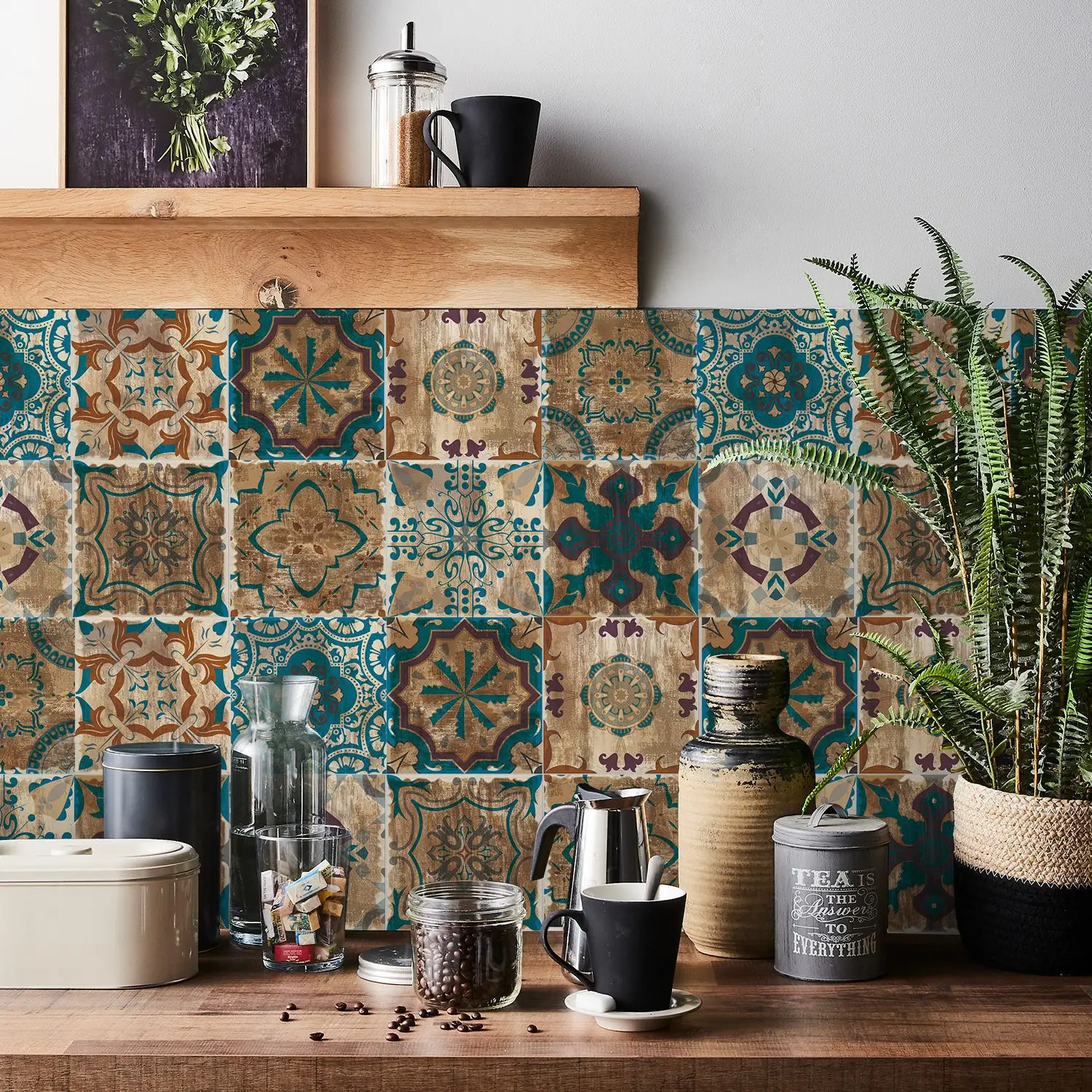24Pcs 20x20cm Retro Mandala Print Wall Stickers PVC Self-adhesive Waterproof Tile Stickers for Kitchen Living Room Art Wallpaper