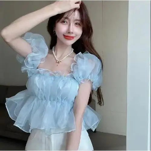 

Pure Desire Shoulder Bared Sweetish Women's Shirt Spring Summer New Style Slimming Bubble Sleeve Square Collar Fashionable Top